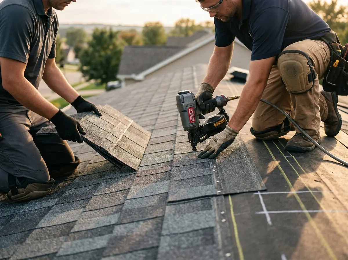 Professional roofer working on a residential roof in Pleasant Hills